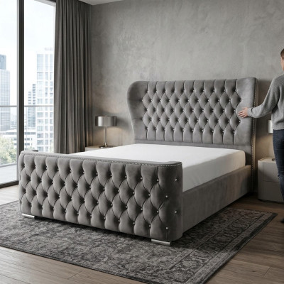 Chesterfield Design Łóżko Włókiennicze Skóra Aksamit Podkładka Łóżko Hotelowe Sypialnia