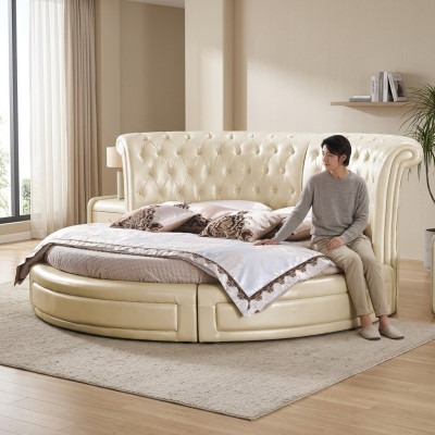 Okrągłe łóżko Chesterfield Designer Okrągły Sypialnia Włókienniczy Skóra Podkładka łóżko