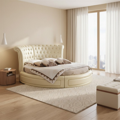 Okrągłe łóżko Chesterfield Designer Okrągły Sypialnia Włókienniczy Skóra Podkładka łóżko