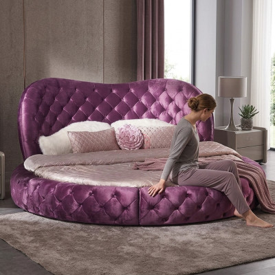 Okrągłe Chesterfield Design Łóżko Sypialnia Włókienniczy Skóra Podkładka Lila Okrągły Luxury