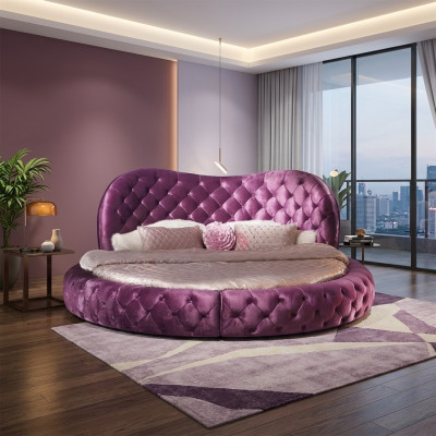 Okrągłe Chesterfield Design Łóżko Sypialnia Włókienniczy Skóra Podkładka Lila Okrągły Luxury