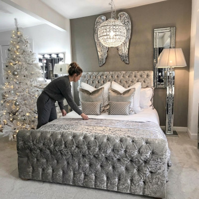 Chesterfield Łóżko Sypialnia łóżko Włókienniczy 180x200cm Aksamit Big Hotel Szare Nowe