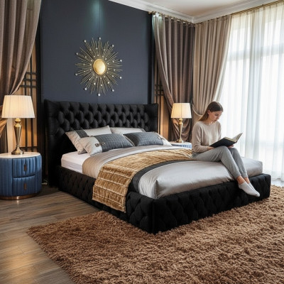 Chesterfield Black Łóżko Sypialnia łóżka Włókiennicze Aksamit Big Hotel bed