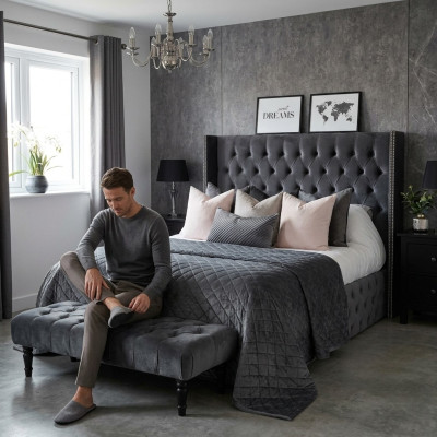 Duże Materiałowe Łóżko Chesterfield Design Tapicerowane Włókiennicze Designerskie Łóżka Podwójne