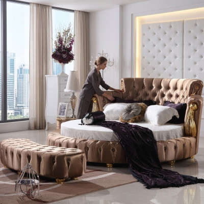 Okrągłe łóżko Chesterfield Designer Okrągłe łóżka Sypialnia Włókienniczy Skóra