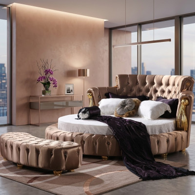 Okrągłe łóżko Chesterfield Designer Okrągłe łóżka Sypialnia Włókienniczy Skóra