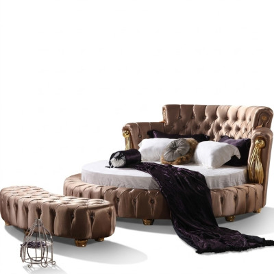 Okrągłe łóżko Chesterfield Designer Okrągłe łóżka Sypialnia Włókienniczy Skóra
