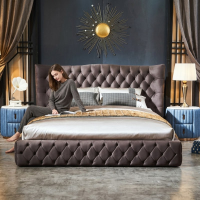 Brown Chesterfield Łóżko Sypialnia Włókiennicze łóżko Aksamit Big Hotel bed