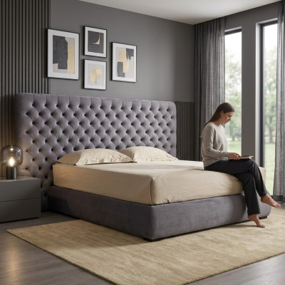 Łóżko Podkładka Design Luxury Double Hotel łóżko Pokój Chesterfield Grey Aksamit Nowe