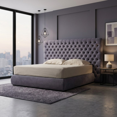 Łóżko Podkładka Design Luxury Double Hotel łóżko Pokój Chesterfield Grey Aksamit Nowe