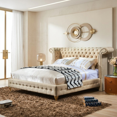 Classic Sypialnia Łóżko Beige Włókienniczy Skóra Podkładka Podwójne łóżko 180x200cm