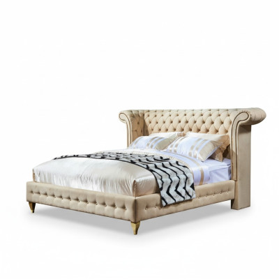 Classic Sypialnia Łóżko Beige Włókienniczy Skóra Podkładka Podwójne łóżko 180x200cm