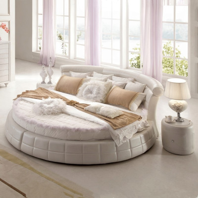 Klasyczne Okrągłe łóżka - Okrągły Luksusowe Designerskie Łóżko Podkładka Elegancka Skóra Velvet