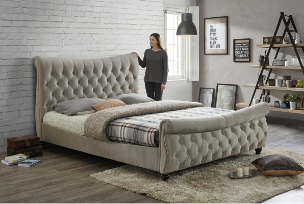 Chesterfield Włókienniczy Podkładka Łóżko Designerskie łóżka Beige Hotel Double Sypialnia