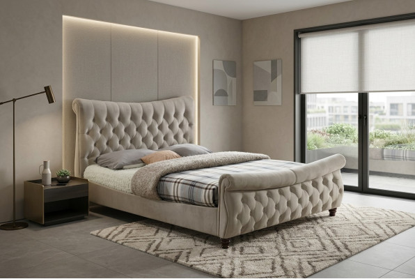Chesterfield Włókienniczy Podkładka Łóżko Designerskie łóżka Beige Hotel Double Sypialnia
