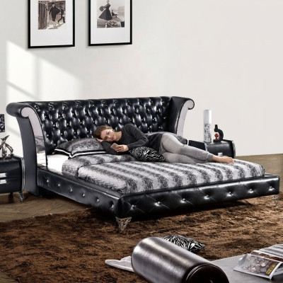 Stal nierdzewna Luxury Chesterfield Skóra Łóżko Double Podkładka Designerskie łóżko Hotel