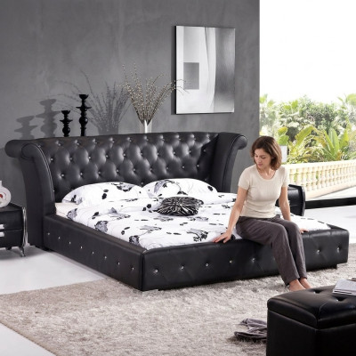 Chesterfield Big Łóżko XXL Zagłówek łóżka Podkładka Hotel Aksamit Czarny Materiał uszy