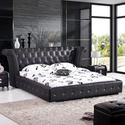 Chesterfield Big Łóżko XXL Zagłówek łóżka Podkładka Hotel Aksamit Czarny Materiał uszy