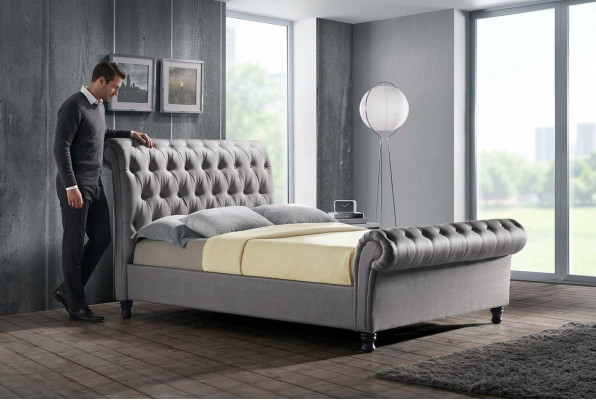 Szare Chesterfield Double Skóra Łóżko Sypialnia Podkładka Designer Luxury Łóżko