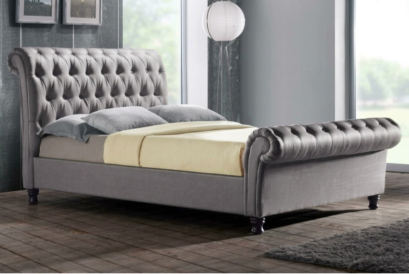 Szare Chesterfield Double Skóra Łóżko Sypialnia Podkładka Designer Luxury Łóżko
