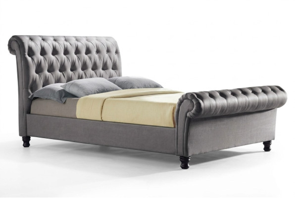 Szare Chesterfield Double Skóra Łóżko Sypialnia Podkładka Designer Luxury Łóżko
