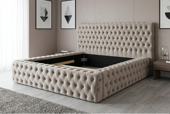 Eleganckie łóżko Chesterfield Design English Podwójne łóżko w kolorze Beżowym - łóżko w ponadczasowym stylu