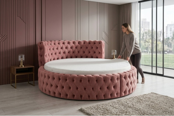 Okrągły Aksamit Łóżko Chesterfield Luxury Podkładka Okrągłe łóżka Włókiennicze Materiał Hotel Nowość