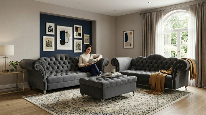 Zestaw sofowy 3+2 osobowy + Sofa Stołek Chesterfield Materiał Skóra Kanapy