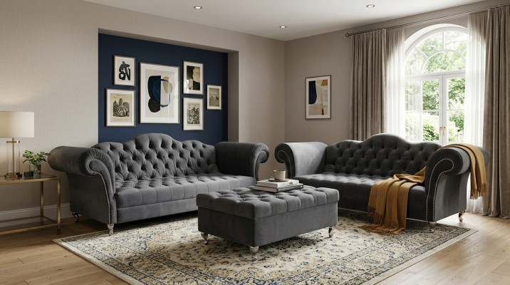 Zestaw sofowy 3+2 osobowy + Sofa Stołek Chesterfield Materiał Skóra Kanapy