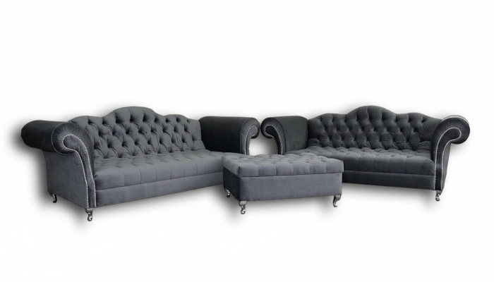 Zestaw sofowy 3+2 osobowy + Sofa Stołek Chesterfield Materiał Skóra Kanapy