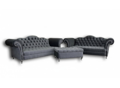 Zestaw sofowy 3+2 osobowy + Sofa Stołek Chesterfield Materiał Skóra Kanapy