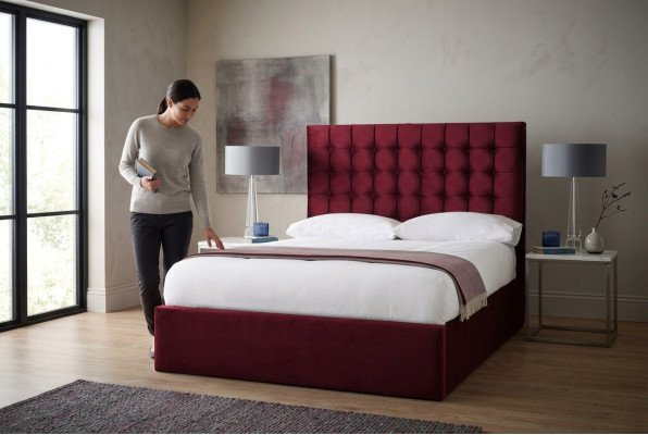 Czerwone Luksusowe Aksamit Włókienniczy Łóżko Double Design Chesterfield 160x200cm Nowość