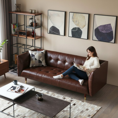 Luksusowa 3-miejsce do siedzenia Skóra Brown Chesterfield do salonu