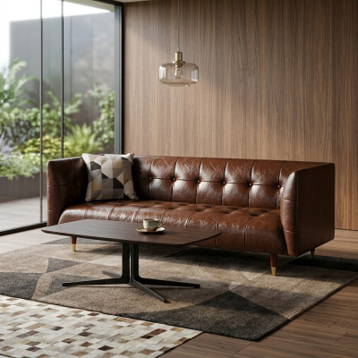 Luksusowa 3-miejsce do siedzenia Skóra Brown Chesterfield do salonu