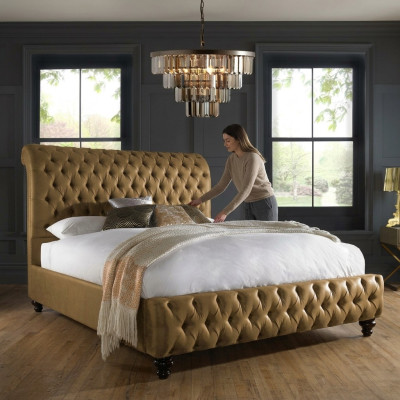 Gold Luxury Aksamit Włókienniczy England Łóżko Double Design Chesterfield 160x200cm