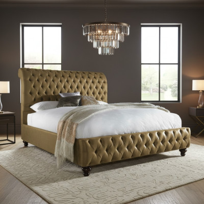 Gold Luxury Aksamit Włókienniczy England Łóżko Double Design Chesterfield 160x200cm