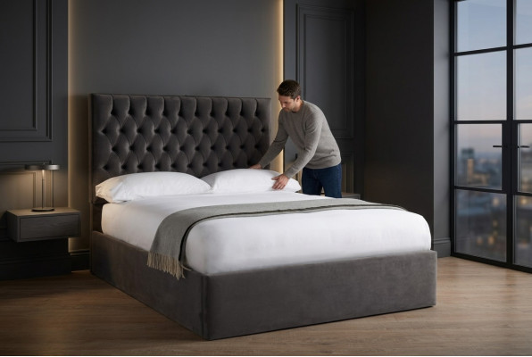 Chesterfield Grey Luxury Aksamit Włókienniczy Łóżko Double Design 180x200cm Nowość