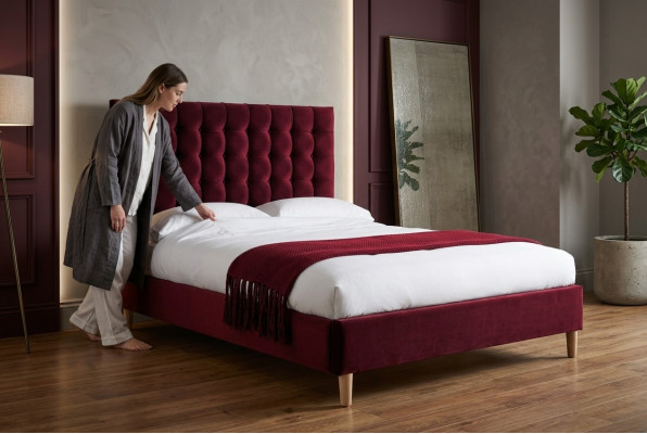 Czerwone Luksusowe Aksamit Włókienniczy Łóżko Double Design Chesterfield 180x200cm Nowość