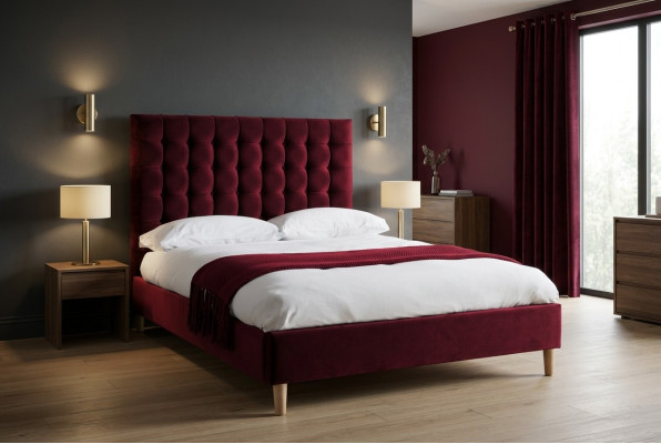 Czerwone Luksusowe Aksamit Włókienniczy Łóżko Double Design Chesterfield 180x200cm Nowość