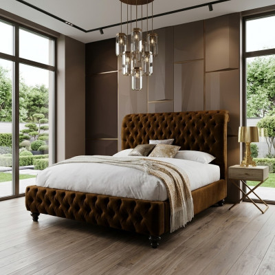 Designerskie brązowe Chesterfield Łóżko tapicerowane luksusowe Sypialnia Podwójne łóżko