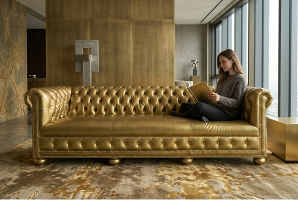 Chesterfield 4 miejsce do siedzenia Sofa Kanapa Skóra Ustawić Podkładkę Siedziba Materiał Złoto Siedziba Nowy