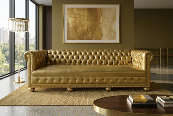 Chesterfield 4 miejsce do siedzenia Sofa Kanapa Skóra Ustawić Podkładkę Siedziba Materiał Złoto Siedziba Nowy