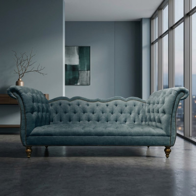 Angielska Luksusowa Sofa Chesterfield Kolorowa Włókienniczy Kanapa Turkis Niebiesko-Zielona Kanapy