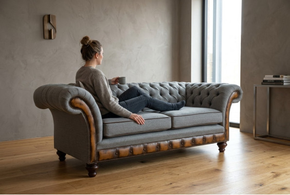 Szary Chesterfield Sofa materiałowa Sofa Kanapy Sofa Siedziba Sofy Włókienniczy Nowa Podkładka