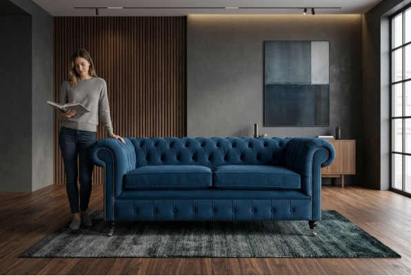 Niebieska luksusowa podkładka Chesterfield trzyosobowa designerska kanapa 3-osobowa