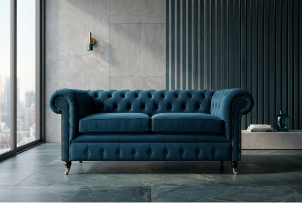 Niebieska luksusowa podkładka Chesterfield trzyosobowa designerska kanapa 3-osobowa
