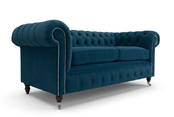 Niebieska luksusowa podkładka Chesterfield trzyosobowa designerska kanapa 3-osobowa