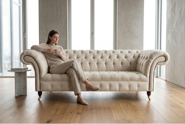 Nowoczesna Beżowa Sofa Chesterfield 3-miejsce do siedzenia Salon Couch