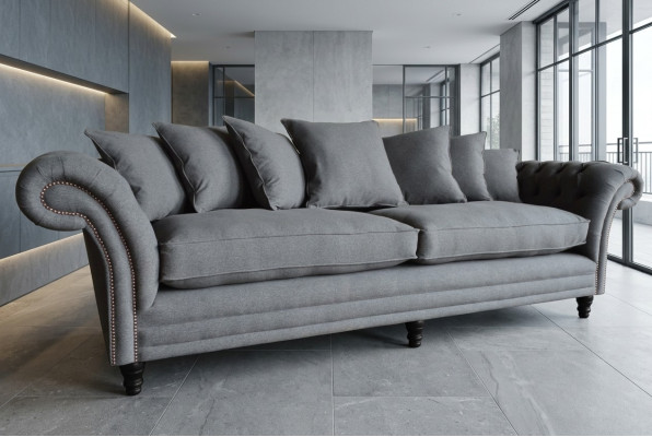 Klasyczna kanapa Chesterfield 4 miejsce do siedzenia Sofa Aksamit Skóra Design Szara 265cm
