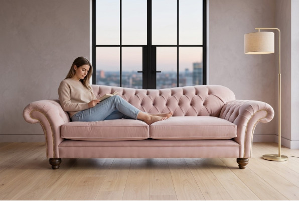 Klasyczna Kanapa Chesterfield 4 miejsce do siedzenia Sofa Aksamit Skóra Design Różowa 240cm